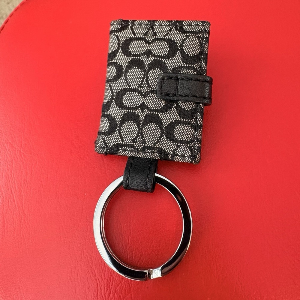 Vintage Y2K Coach Photo Key Chain Ring Jaquard Black Grey Leather Mini Rare - Picture 3 of 11
